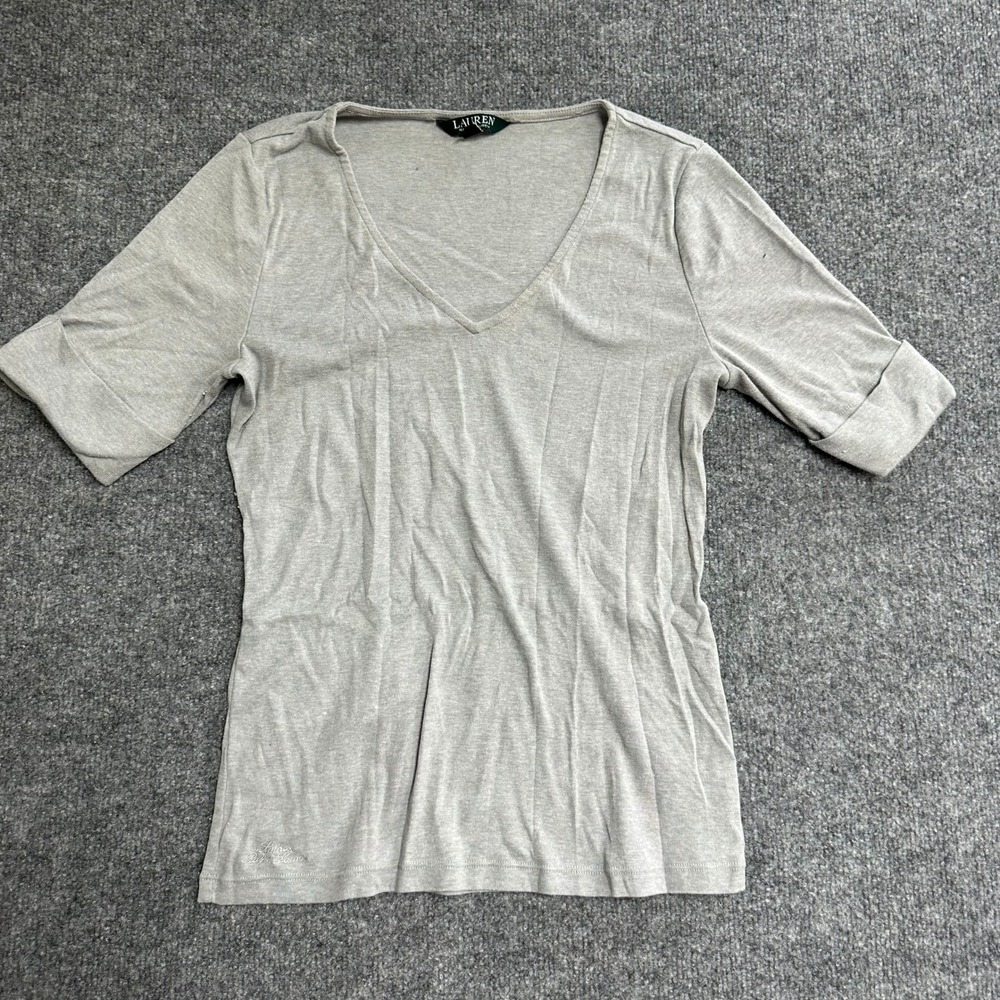 Lauren Ralph Lauren Top Womens M Gray V-Neck Cuffed Sleeve Cotton Blend Logo